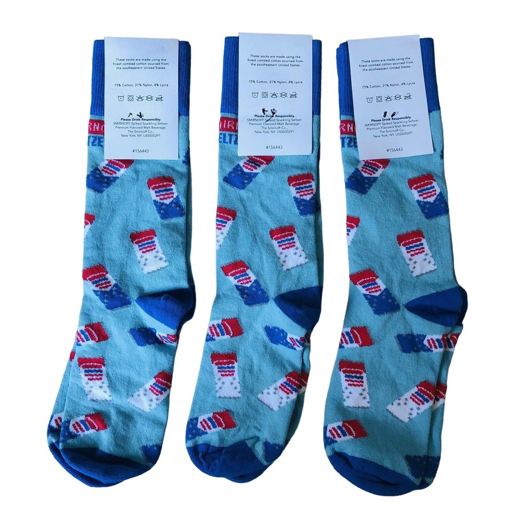 Lot of 3 Pairs Smirnoff Spiked Seltzer Cotton Crew Novelty Party Socks USA Made